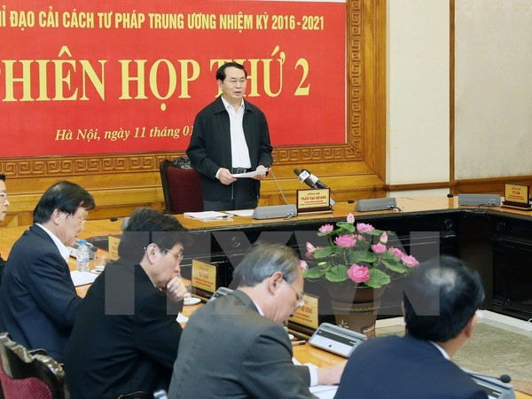 Chủ tịch nước: Thực hiện tốt mục tiêu xây nền tư pháp trong sạch Chủ tịch nước Trần Đại Quang phát biểu kết luận phiên họp. Ảnh: TTXVN