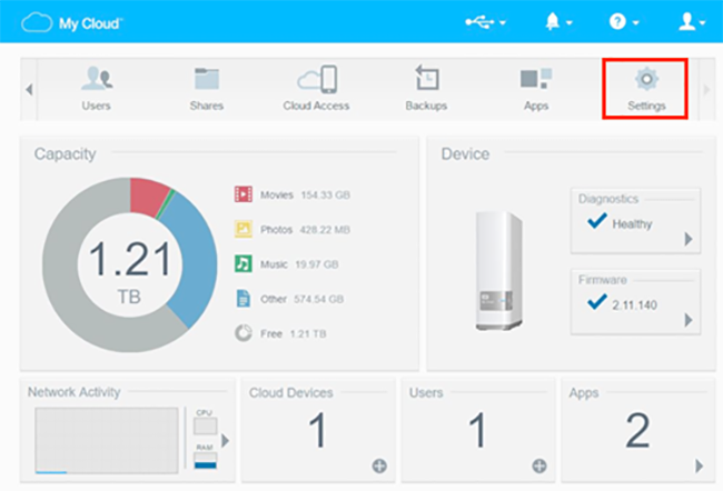 Khôi phục cài đặt gốc cho WD My Cloud Mirror Khi đăng nhập bằng tài khoản quản trị viên (administrator), tại giao diện chính của trang Dashboard, bạn hãy nhấn vào nút Settings (biểu tượng hình bánh răng ở góc trên bên phải).