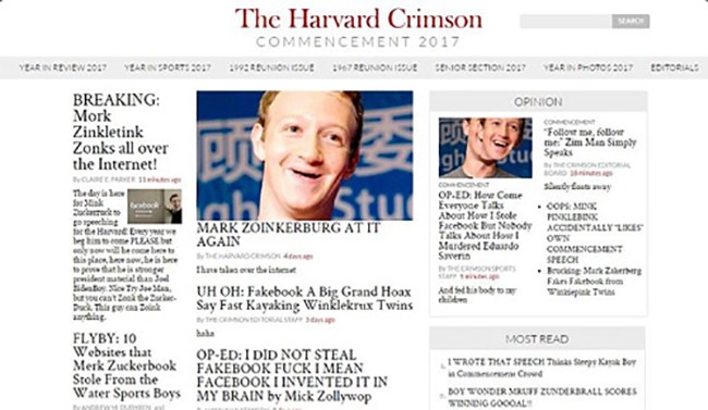 Hacker chọc tức ông chủ Facebook trên báo trường Harvard Một người lạ mặt đã giành quyền kiểm soát trang báo sinh viên và thay đổi một loạt ảnh và tiêu đề trên trang nhằm chọc giận Mark Zuckerberg.