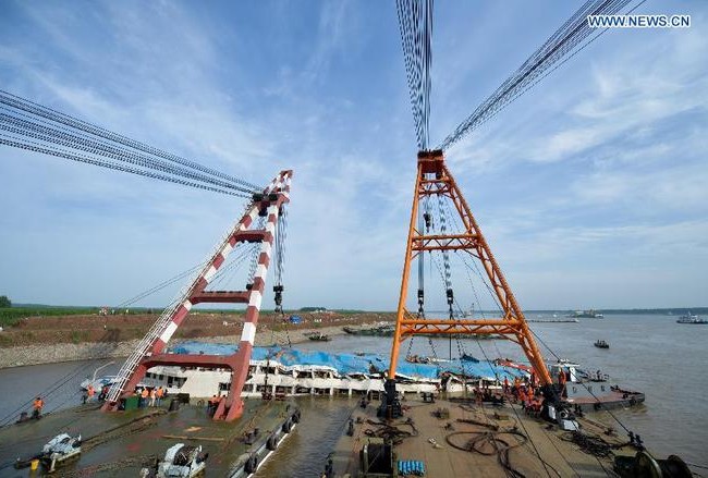 Trung Quốc nâng tàu chìm trên sông Trường Giang Trung Quốc nâng tàu chìm trên sông Trường Giang