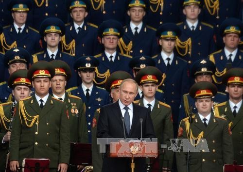 Tổng thống Putin công bố mở cửa ‘Công viên yêu nước’ Tổng thống Nga Vladimir Putin phát biểu tại lễ khai mạc Triển lãm vũ khí và quân sự quốc tế Army 2015. Ảnh: AFP/TTXVN