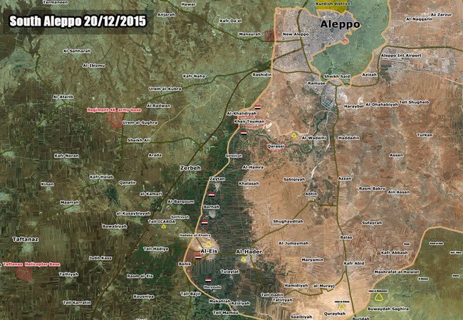 Quân đội Syria tấn công ở Latakia, đánh chiếm Khan Touman ở Aleppo Bản đồ tình hình Aleppo cuối ngày 20.12.2015