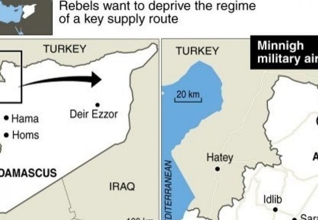 Thổ Nhĩ Kỳ ngang nhiên tuyên bố YPG phải rút khỏi vùng biên giới Syria Vị trí sân bay chiến lược quân sự Minnigh, nơi Thổ Nhĩ Kỳ pháo kích