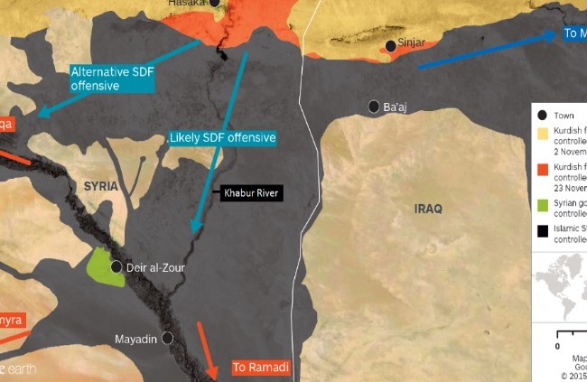 Lực lượng Dân chủ Syria SDF tấn công thành phố Al-Shadadi, tỉnh Hasakah Hướng hoạt động chủ yếu của lực lương SDF Syria