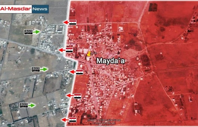 Quân đội Syria tấn công vây lấn lực lượng nổi dậy thánh chiến ở Đông Ghouta Bản đồ chiến sự Maydaa ngày 05.-7.2016