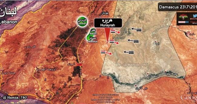 Quân đội Syria đánh chiếm thị trấn Hurayrah, đóng cửa biên giới Syria - Lebanon Bàn đồ trận chiến giành thị trấn Hurayrah, ngoại ô Damascus mở rộng