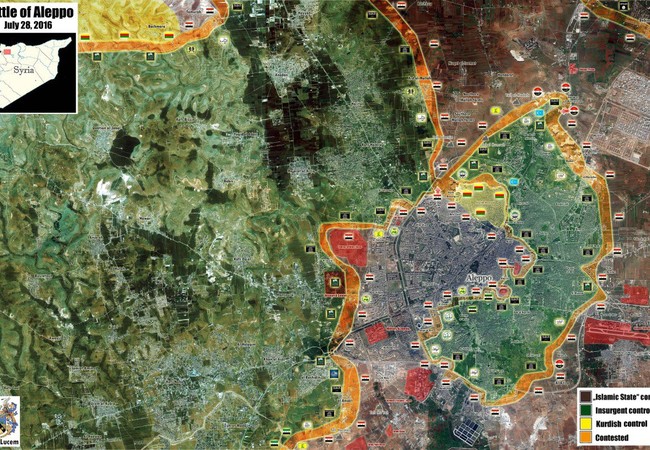 Giao chiến ác liệt trong và ngoại vi thành phố Aleppo, quân đội Syria và YPG cùng tấn công Bản đồ chiến sự thành phố Aleppo ngày 28.07.2016