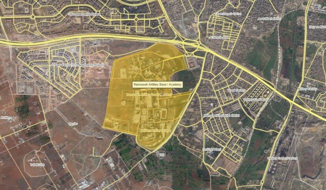 Chiến binh Hồi giáo cực đoan xâm nhập vào căn cứ pháo binh Aleppo Bản đồ căn cứ pháo binh Ramousa, Nam Aleppo