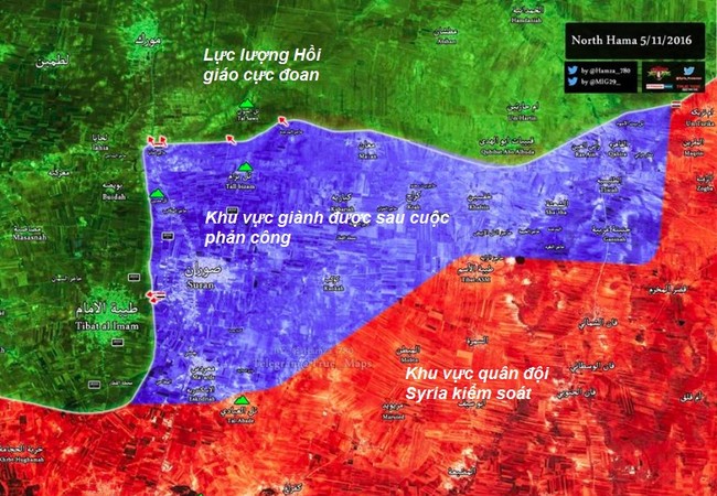 Quân đội Syria giành ưu thế chiến trường, chiếm 36 địa bàn ở Hama Bản đồ tình hình chiến sự tỉnh Hama