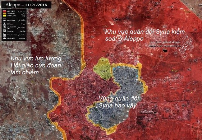 Quân đội Syria dốc sức giải phóng Aleppo, cắt đứt đường tiếp vận IS với Iraq bản đồ chiến sự thành phố Aleppo tính đến ngày 21.11.2016