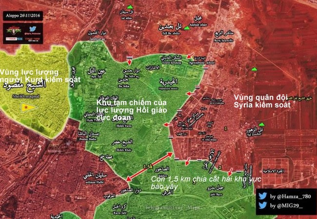 Quân đội Syria chiếm quận then chốt, siết chặt vòng vây đông Aleppo Chiến tuyến khu vực các quận phía đông Aleppo