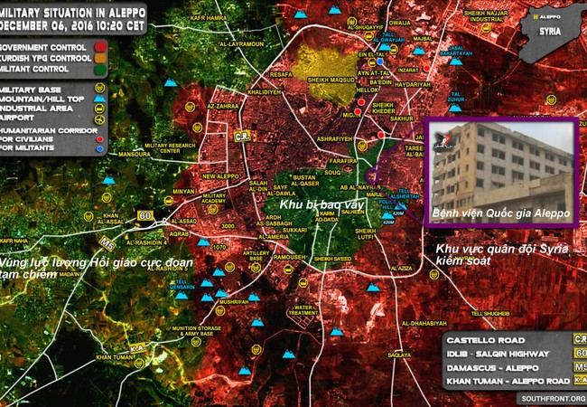 Chiến sự Aleppo: Phiến quân biến bệnh viện thành sở chỉ huy, kho vũ khí và nhà tù (video) Bản đồ chiến sự thành phố Aleppo tính đến ngày 06.12.2016