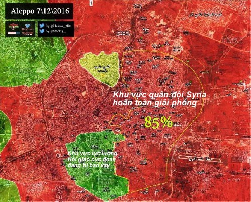 Trận Stalingras Syria: Quét sạch 85% đông Aleppo, cả trăm phiến quân bị diệt và ra hàng (video) Bản đồ chiến sự thành phố Aleppo tính đến ngày 07.12.2016