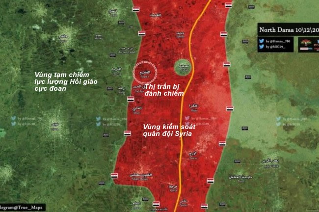 Quân đội Syria tung thiết giáp đánh chiếm thị trấn phiến quân (video) Bản đồ khu vực quân đội Syria đánh chiếm thị trấn Al-Faqiya ở Daraa