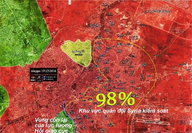 Chiến sự Aleppo: Phe thánh chiến thoi thóp, sắp bị quân đội Syria nghiền nát (video) Bản đồ chiến sự thành phố Aleppo ngày 13.12.2016