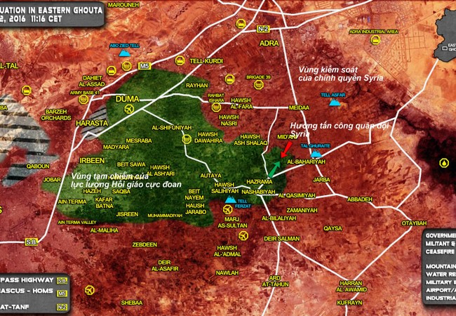 Chiến sự Syria: Giao chiến bùng phát ở ngoại vi Damascus, thủ lĩnh phiến quân nộp mạng Bản đồ tình hình chiến sự vùng Đông Ghouta, ngoại ô Damascus