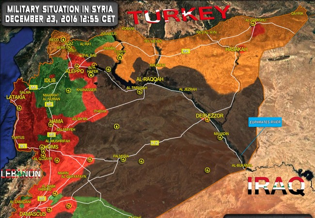Trận chiến Syria: Cả trăm phiến quân chết như ngả rạ, Thổ Nhĩ Kỳ trả thù IS Bàn đồ tình hình chiến sự Syria tính đến ngày 23.12.2016