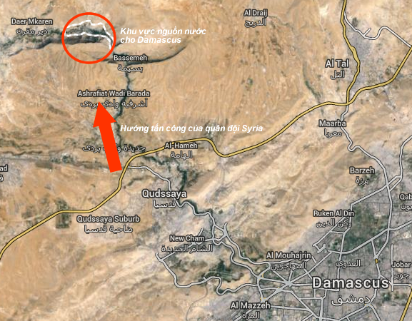 Quân đội Syria tấn công bức hàng phiến quân ngoại vi Damascus (video) Quân đội Syria tấn công vào khu vực làng Wadi Barada ngoại ô Damascus