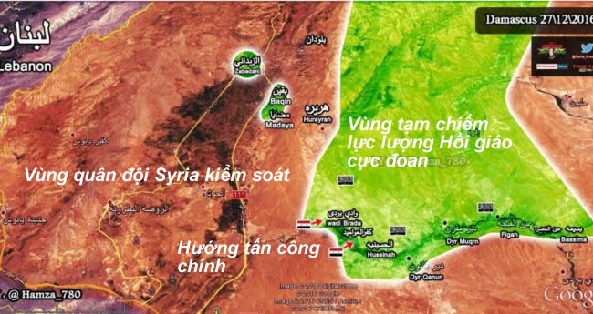 Quân đội Syria tấn công lớn, quyết dẹp tan phe thánh chiến tây Damascus Bản đồ tình huống chiến trường khu vực làng Wadi Barada ngoại ô Damascus