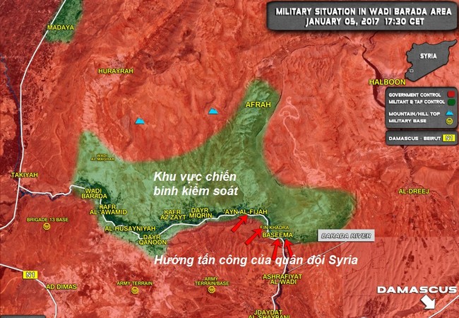 Chiến sự Syria: 55 phiến quân khủng bố nộp mạng ở ngoại vi Damascus (video) Toàn cảnh bản đồ chiến sự khu vực Wadi Barada, Damascus