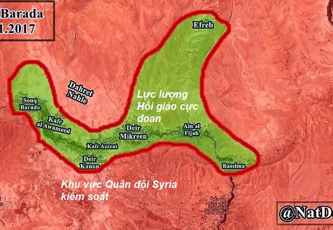 Quân đội Syria siết chặt vòng vây phiến quân ở ngoại vi Damascus Chiến tuyến khu vực Wadi Barada thu hẹp nhanh chóng