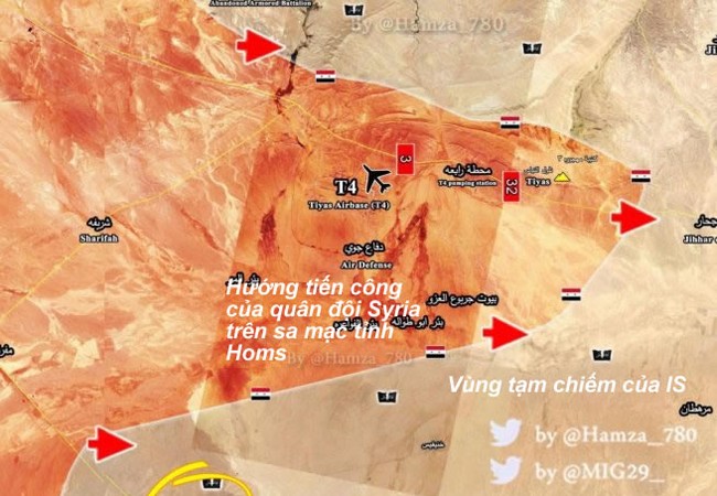 Quân đội Syria đè bẹp phiến quân, đánh chiếm địa bàn then chốt ở Homs (video) Bản đồ chiến sự khu vực sân bay quân sự T-4, Palmyra