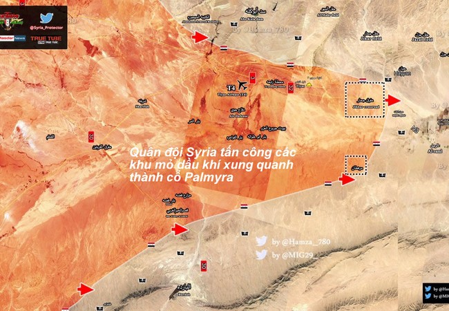 Quân đội Syria đánh chiếm địa bàn chiến lược từ tay IS tại Palmyra (video) Bàn đồ chiến sự khu vực ngoại ô thành phố cổ Palmyra