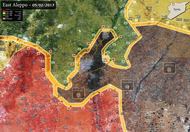 Quân đội Syria bóp nghẹt phiến quân IS cố thủ tại Al-Bab (video) Chiến tuyến 3 bên quân đội Syria, Thổ Nhĩ Kỳ, IS tính đến ngày 05.02.2017