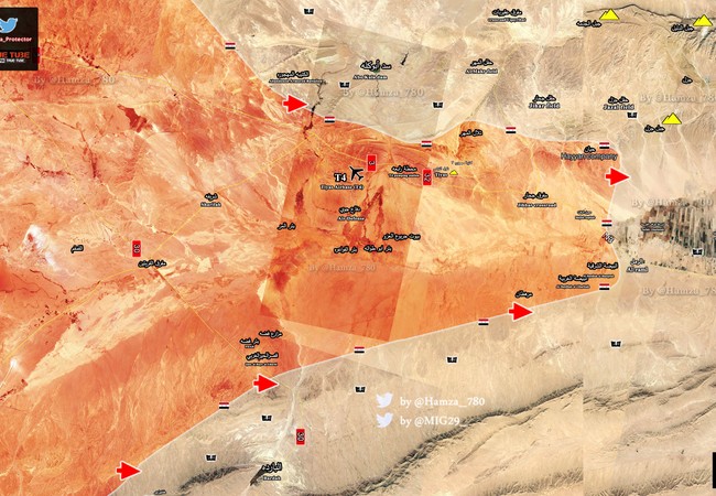 Quân đội Syria thừa thắng tiến đánh IS tại Palmyra Bản đồ các mũi tiến công của quân đội Syria trên vùng sa mạc Palmyra