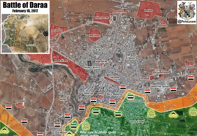 Chiến sự Syria: Quân Assad loại khỏi vòng chiến 200 phiến quân tại Dara'a (chùm video) Bản đô thành phố Daraa, khu vực bị lực lượng Hồi giáo cực đoan đánh chiếm