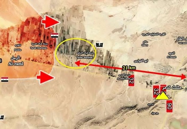 Trận chiến Palmyra: Trực thăng Nga khai hỏa yểm trợ quân đội Syria tấn công IS (video) Bản đồ tình hình chiến sự Palmyra, quân đội Syria cách thành phố cổ Palmyra 21 km
