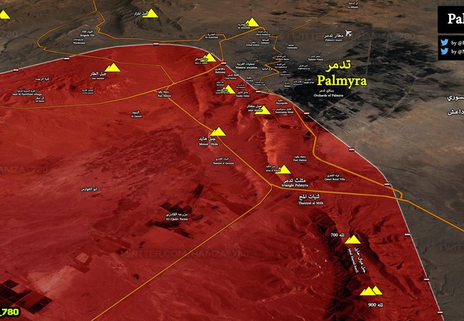 Chảo lửa Palmyra: Quân đội Syria đánh chiếm thành cổ, IS núng thế tháo chạy Chiến tuyến quân đội Syria trong địa phận thành phố cổ Palmyra