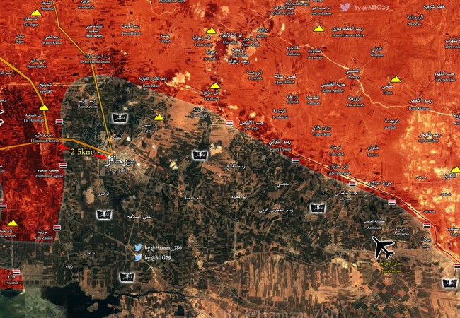 “Hổ Syria” đè bẹp IS, chiếm thêm 4 làng ở Aleppo Bản đồ chiến sự vùng nông thôn phía đông Aleppo, vòng vây quanh thị trấn Deir Hafer đang dần siết lại