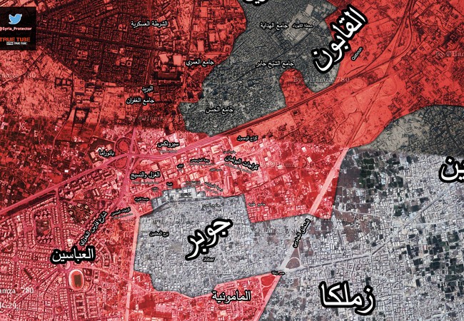 Không quân Nga-Syria trút thịnh nộ, phiến quân Al-Qaeda rút chạy ở ngoại vi Damascus Bản đồ tình hình chiến sự khu vực Jobar - Qaboun tính đến ngày 24.03.2017