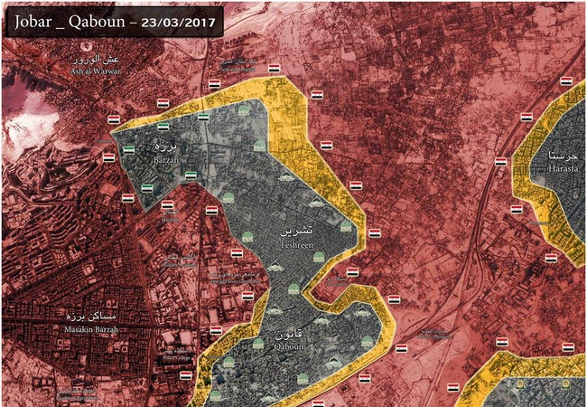Phiến quân Syria thảm bại tại ngoại vi Damascus (ảnh-video) Bản đồ chiến sự Jobar tính đến ngày 23.03.2017