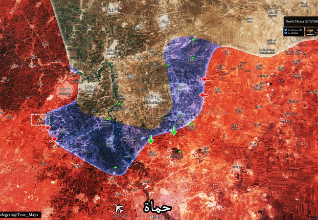 Quân đội Syria đánh bật phiến quân, tái chiếm cứ điểm then chốt ở Hama Bản đồ chiến sự vùng nông thôn miền Bắc tỉnh Hama