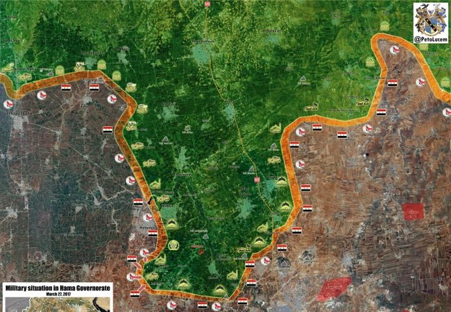 Đánh bật 6.000 chiến binh, quân đội Syria bắt đầu phản công chiến lược (video) Chiến tuyến quân đội Syria trên địa phận tỉnh Hama tính đến ngày 27.03.2017
