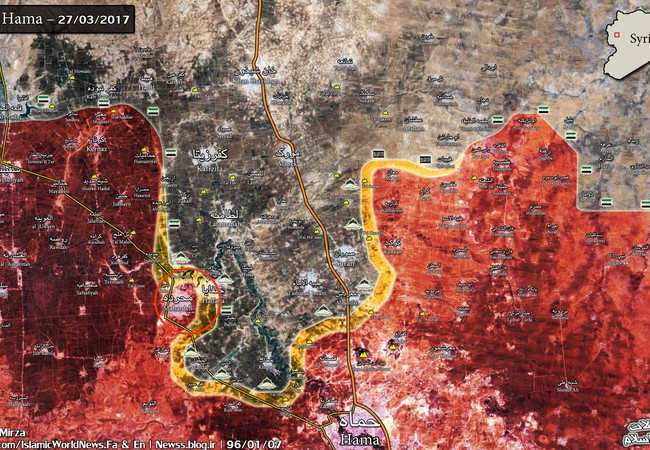 Nga dội hỏa lực ác liệt, quân đội Syria phản kích phiến quân ở Hama (video) Bản đồ chiến trường phía bắc tỉnh Hama ngày 27.03.2017