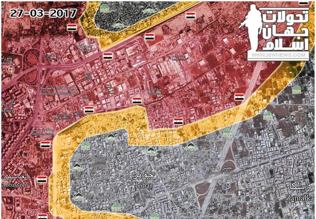 Quân đội Syria tấn công dữ dội, siết vòng vây thép phiến quân ngoại ô Damascus Bản đồ chiến sự khu vực Jobar tính đến ngày 27.03.2017
