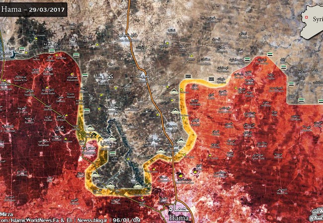 Chảo lửa Hama: Quân đội Syria đánh chiếm cao điểm từ tay phiến quân (video) Bản đồ tình hình chiến sự phía Bắc tỉnh Hama tính đến ngày 29.03.2017