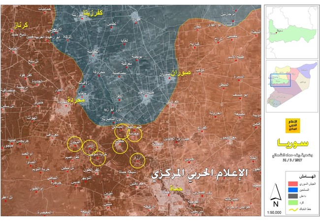 Hơn 500 tay súng thánh chiến chết trận trước quân Assad trong 48 giờ (video) Bàn đồ chiến sự Hama, những vòng tròn là những địa bàn được quân đội Syria giải phóng đến ngày 31.03.2017
