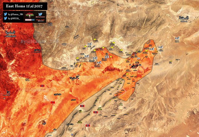 Chiến sự Palmyra: Quân đội Syria đè bẹp IS, chiếm cao điểm chiến lược (video) Bản dồ chiến sự chiến trường Palmyra tính đến ngày 11.04.2017