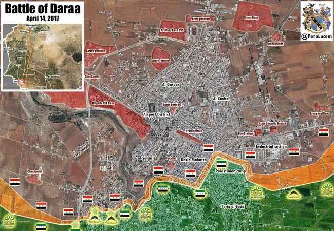 Quân đội Syria núng thế trước phe thánh chiến, thành Daraa nguy cơ sụp đổ Chiến tuyến thành phố Daraa tính đến ngày 14.04.2017