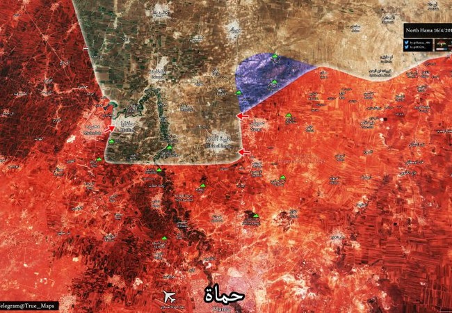 “Hổ Syria” đập tan phiến quân, chiếm thị trấn then chốt tại Hama Bản đồ chiến sự chiến trường miền Bắc Hama ngày 16.04.2017