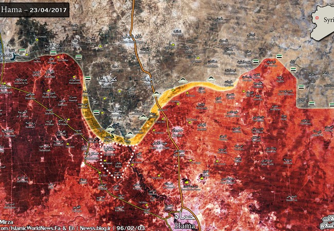 Quân đội Syria đè bẹp phiến quân, đánh chiếm thị trấn chiến lược ở Hama (video) Bản đồ chiến sự Hama ngày 23.04.2017, quân đội Syria giải phóng Halfaya