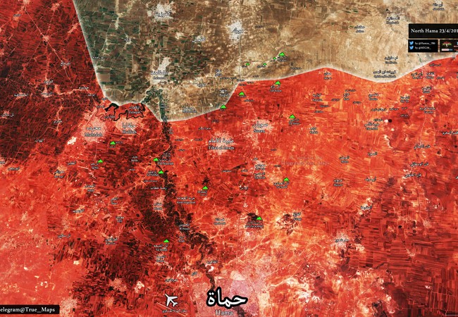 Chiến sự Syria: Quân Assad bẻ gãy tấn công thánh chiến, chuẩn bị tiến đánh sào huyệt khủng bố (video) Chiến tuyến miền Bắc tỉnh Hama tính đến ngày 23.04.2017