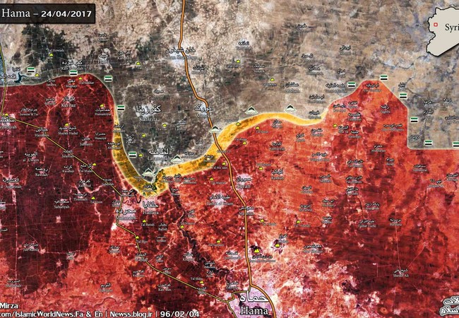 Quân đội Syria diệt thủ lĩnh phiến quân, chiếm liên tiếp 2 địa bàn ở Hama (video) Bản đồ chiến sự thành phố Hama tính đến ngày 24.04.2017