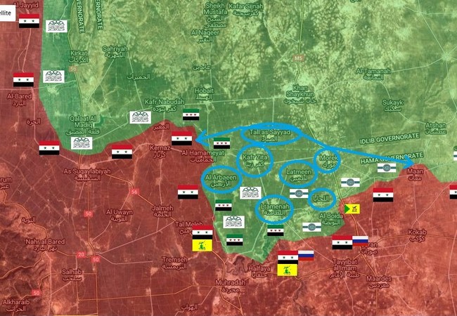 Phiến quân Syria liều chết chống cự trước nguy cơ thảm bại (video) Những mục tiêu tiếp theo của quân đội Syria trên chiến trường Hama (màu xanh nhạt)