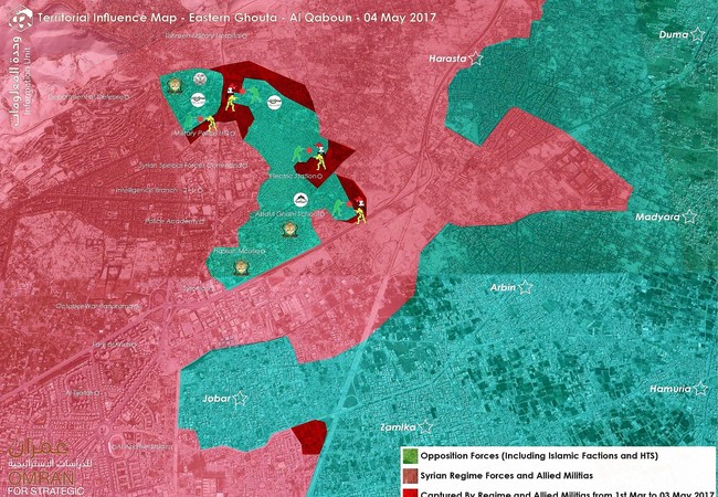 Quân đội Syria tấn công dữ dội phiến quân cố thủ ở Damascus Bản đồ chiến trường quận Al-Qaboun, ngoại ô Damascus
