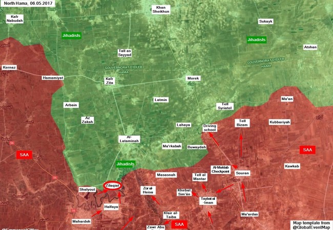 Chiến sự Syria: Phiến quân nổ súng bất chấp thỏa thuận “khu an toàn” Chiến trường miền bắc Hama, quân đội Syria tấn công làng Zalaqiyat